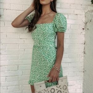 ZARA Floral Print Linen Blend Belted Sheath Dress Medium Green Puff Sleeve #7317